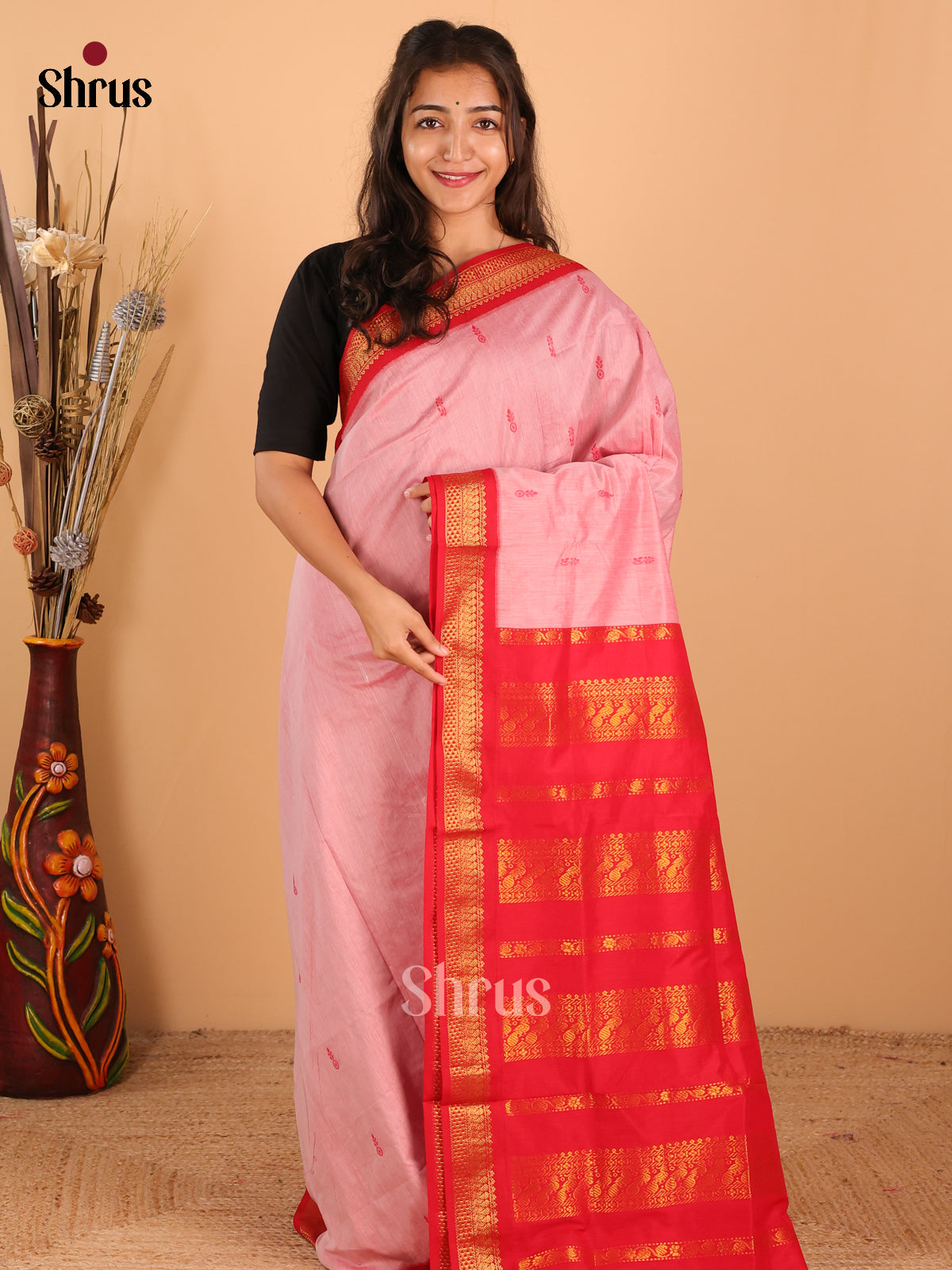 Peach Pink & Red Kalyani Cotton Saree - DCS27082 - Shop on Shrus.com