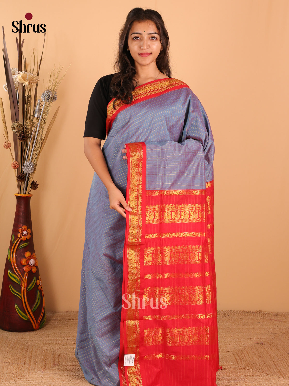 Elegant Grey Kalyani Cotton Saree With Golden Zari Kattams & Contrast Red Border - Shop on Shrus.com