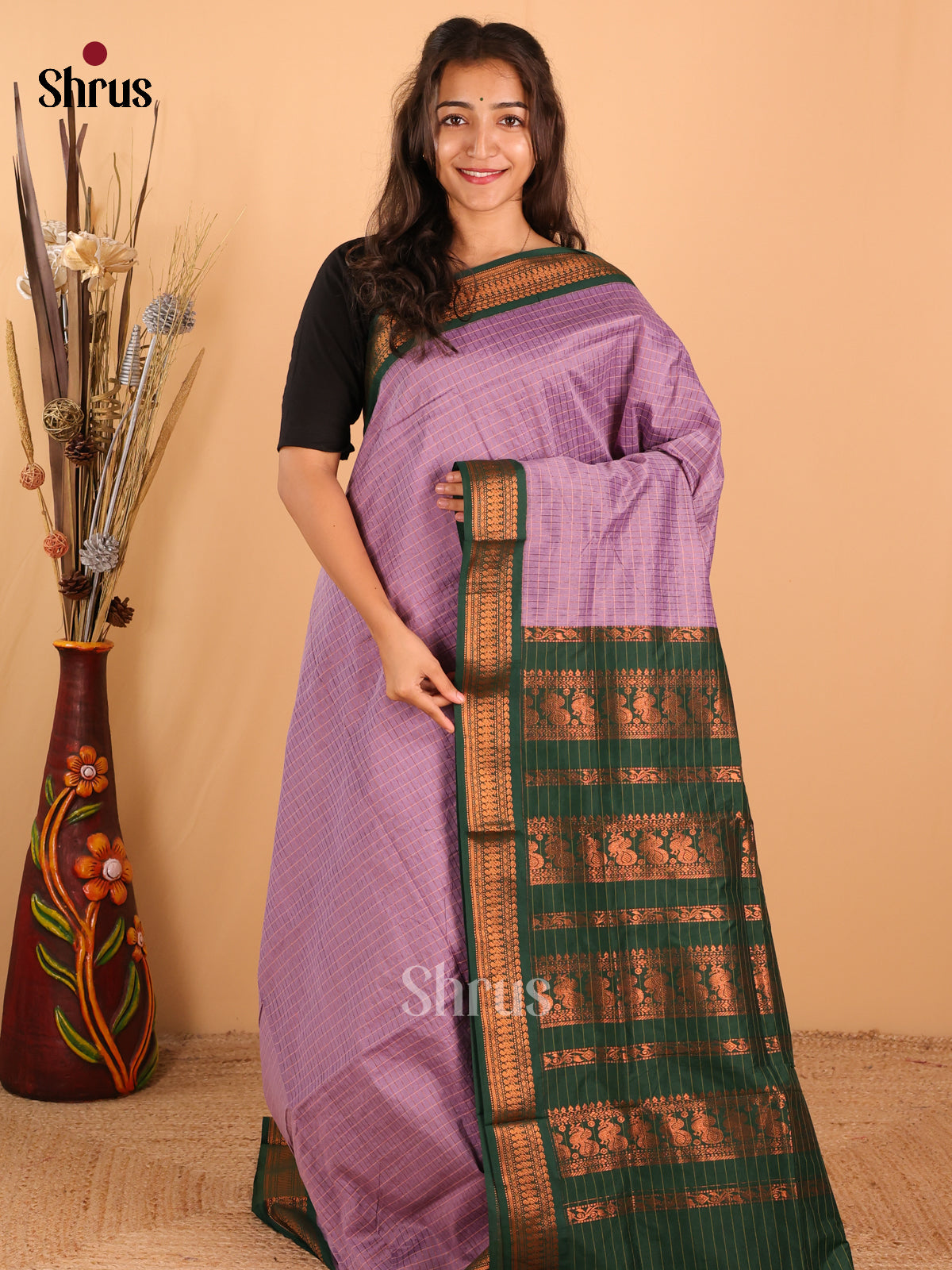 Lavender & Dark Dark green Kalyani Cotton Saree - DCS27090 - Shop on Shrus.com