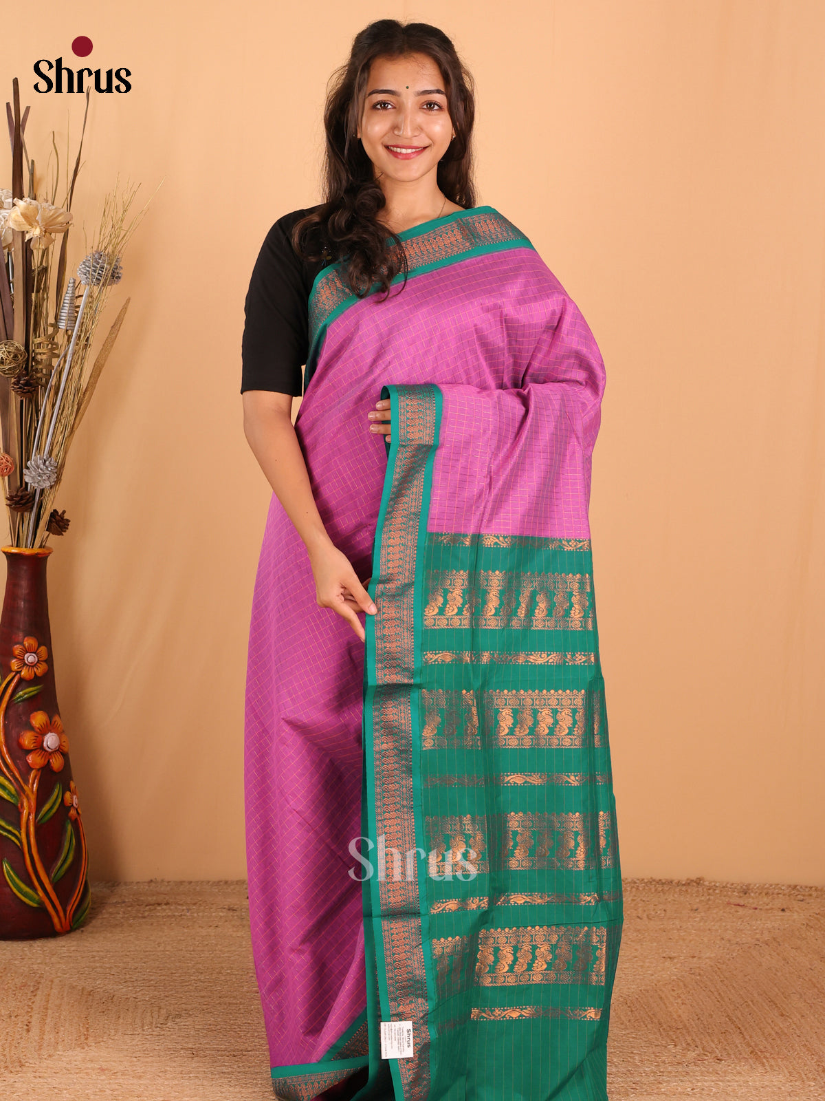 Pink with Green - Kalyani Cotton Saree - Shop on Shrus.com
