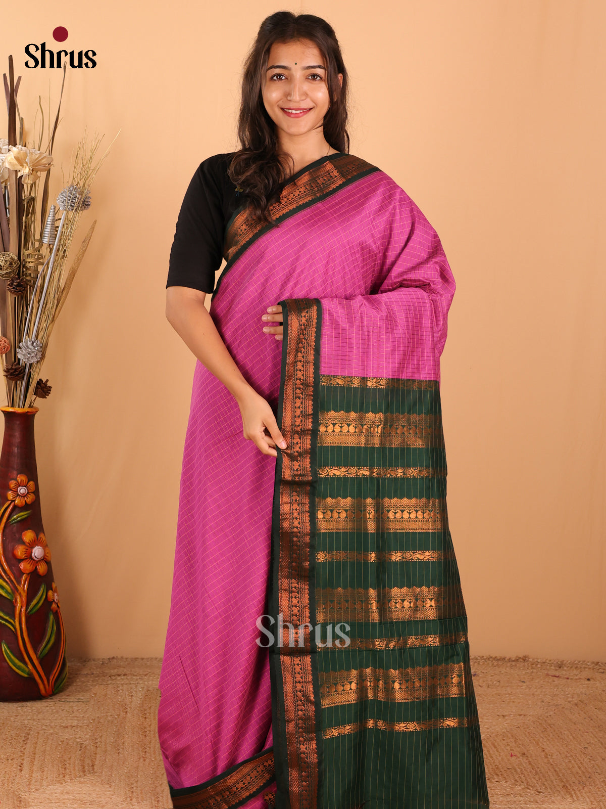 Magenta & Dark green Kalyani Cotton Saree - DCS27093 - Shop on Shrus.com