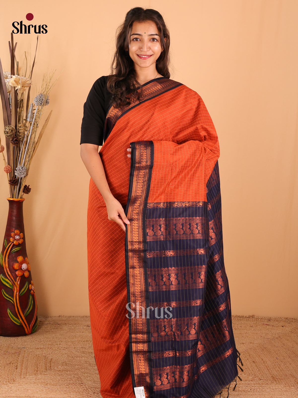 Rust Orange & Navy Blue Kalyani Cotton Saree - DCS27094 - Shop on Shrus.com