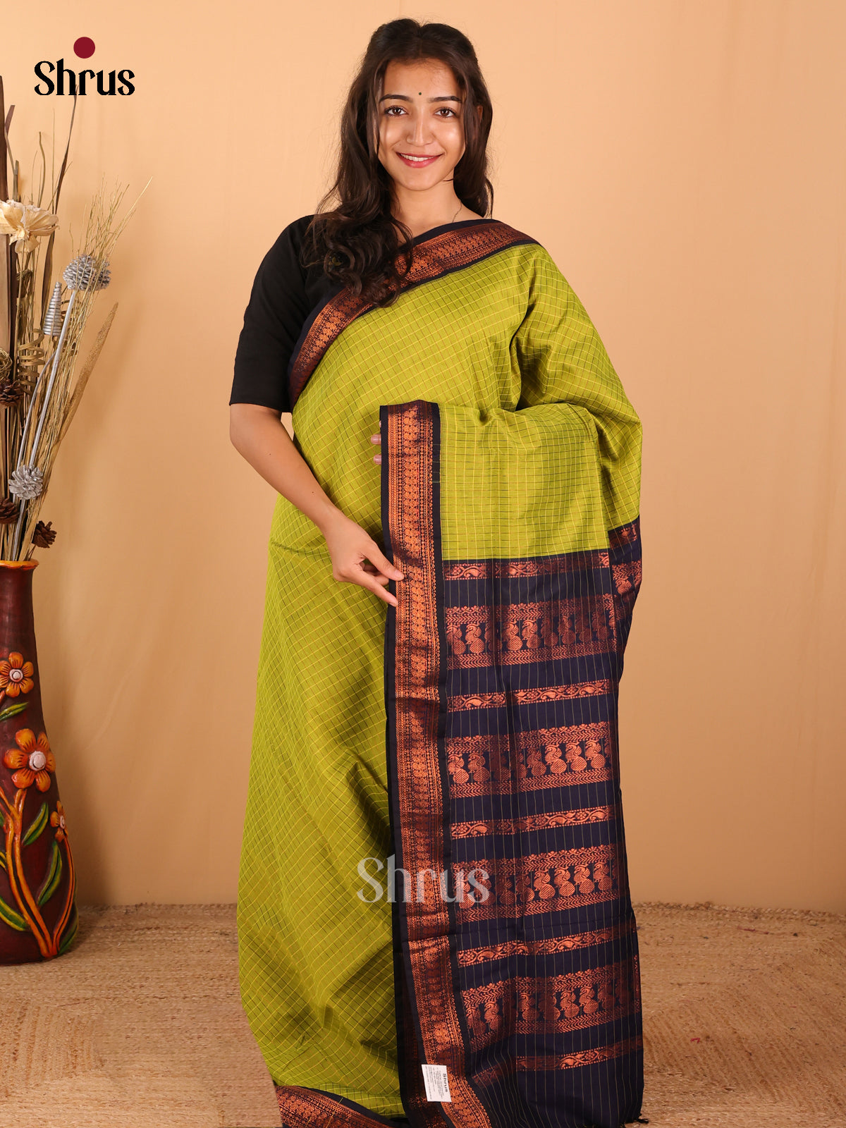 Vibrant Parrot green Kalyani Cotton Saree With Copper Zari Checks & Navy Blue Border - Shop on Shrus.com