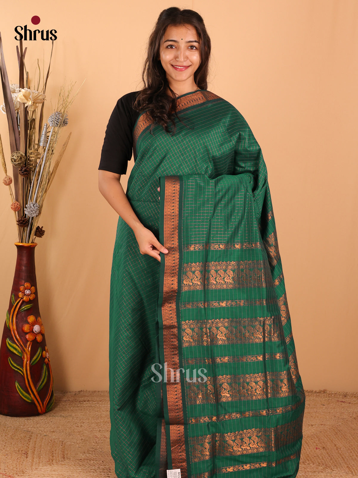 Dark green Kalyani Cotton Saree - DCS27104 - Shop on Shrus.com