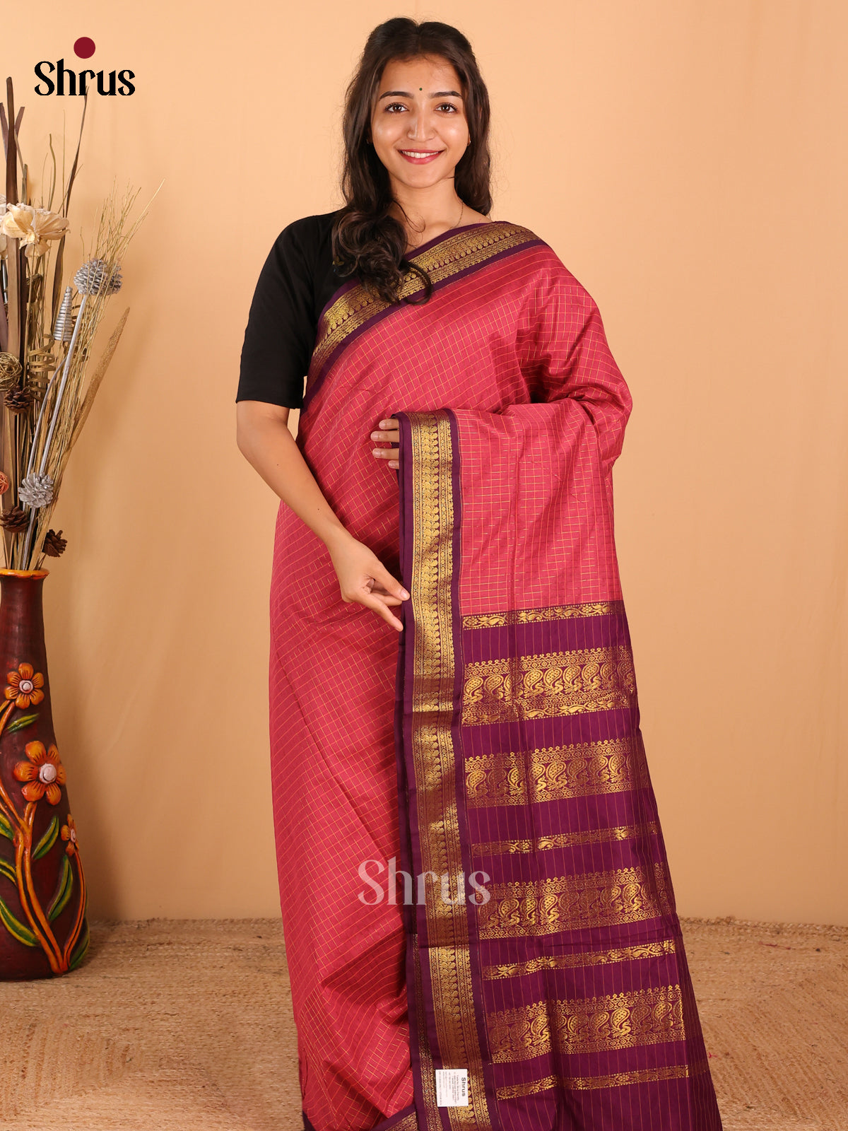 Dark onion pink & dark purple Kalyani Cotton Saree - DCS27108 - Shop on Shrus.com