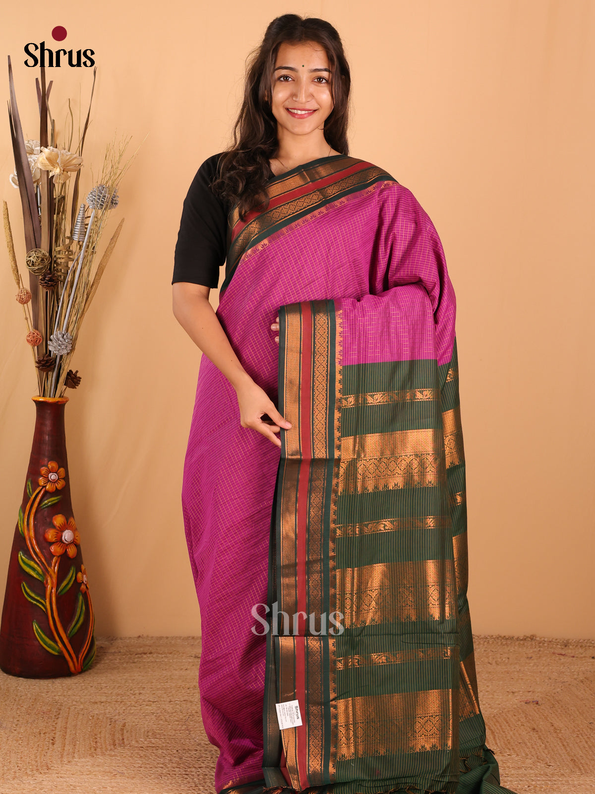 Magenta & Dark green Kalyani Cotton Saree - DCS27110 - Shop on Shrus.com