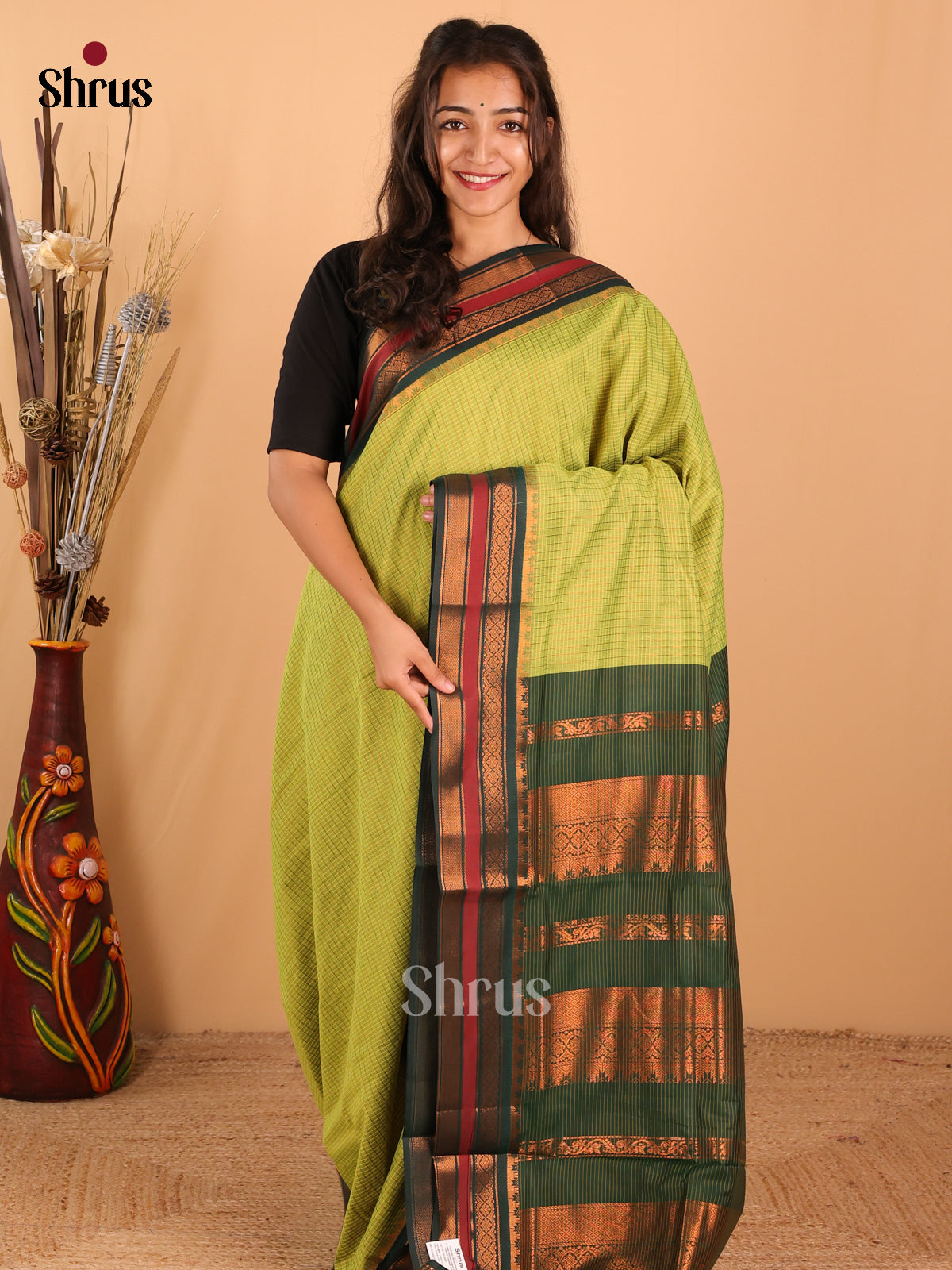 Parrot Green & Dark Green Kalyani Cotton Saree - DCS27111 - Shop on Shrus.com