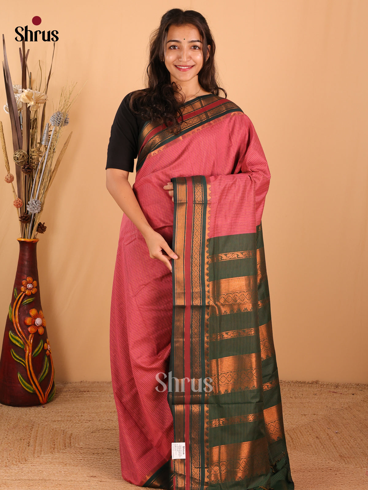 Onion pink & dark green Kalyani Cotton Saree - DCS27112 - Shop on Shrus.com