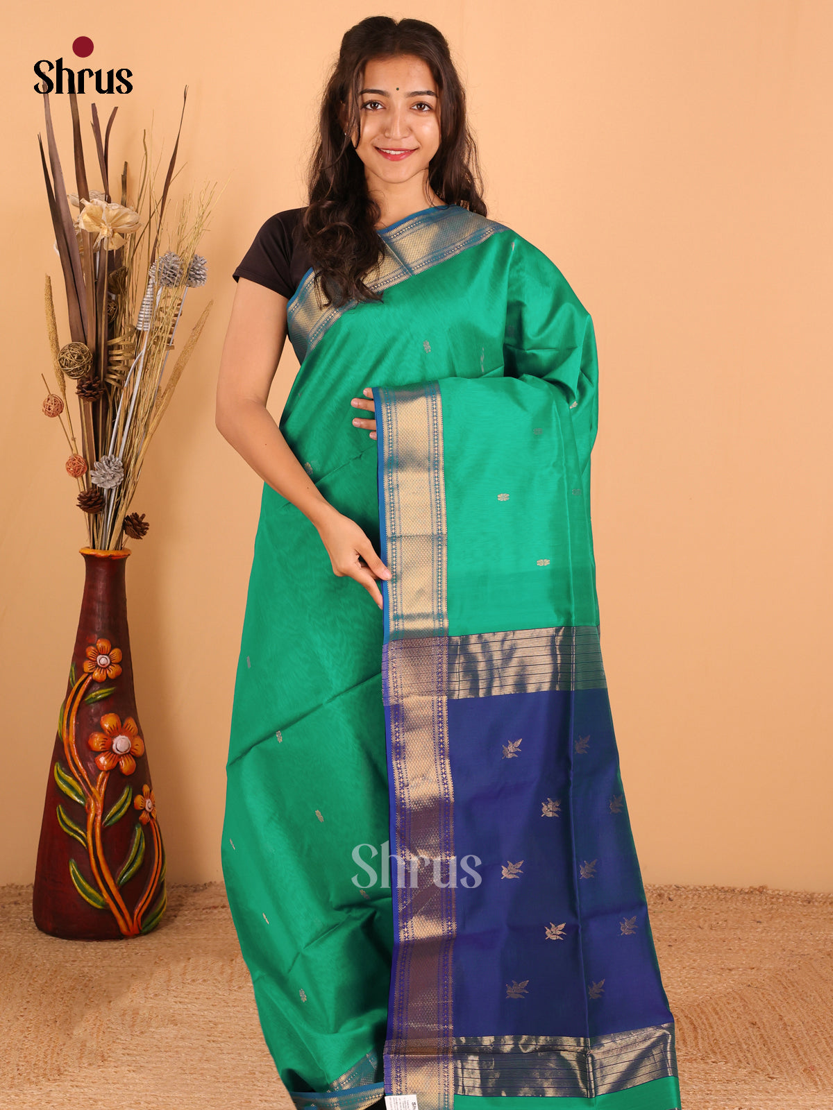 Teal Green & royal Blue - Maheswari silk cotton Saree - DCS27116 - Shop on Shrus.com