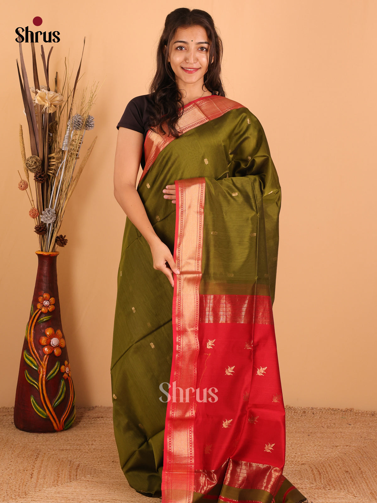 Mehandi Green & Red - Maheswari silk cotton Saree - DCS27118 - Shop on Shrus.com