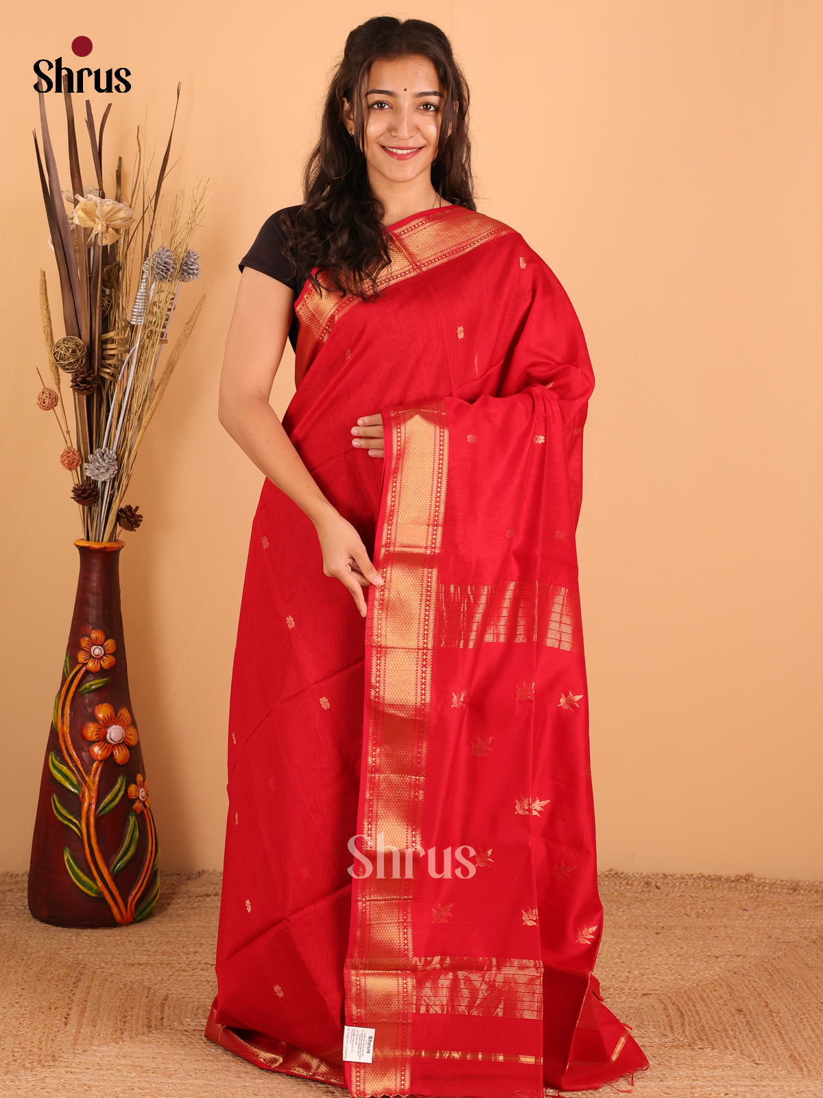 Red - Maheswari silk cotton Saree - DCS27122 - Shop on Shrus.com
