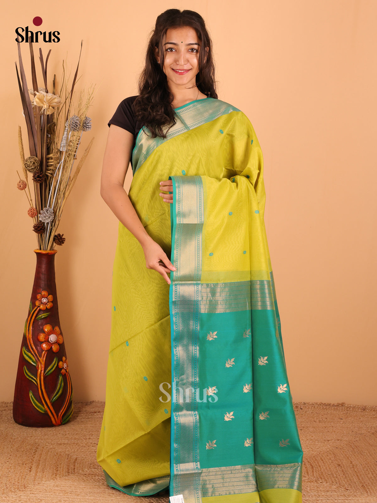 Lime Yellow & Rama Blue - Maheswari silk cotton Saree - DCS27123 - Shop on Shrus.com
