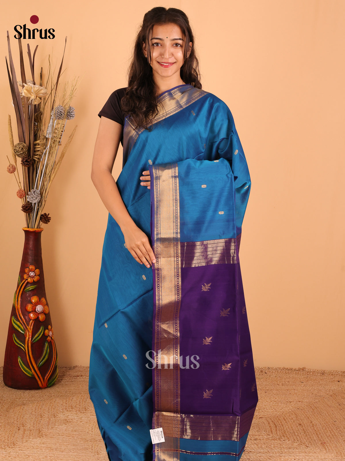 Peacock blue & Violet - Maheswari silk cotton Saree - DCS27125 - Shop on Shrus.com