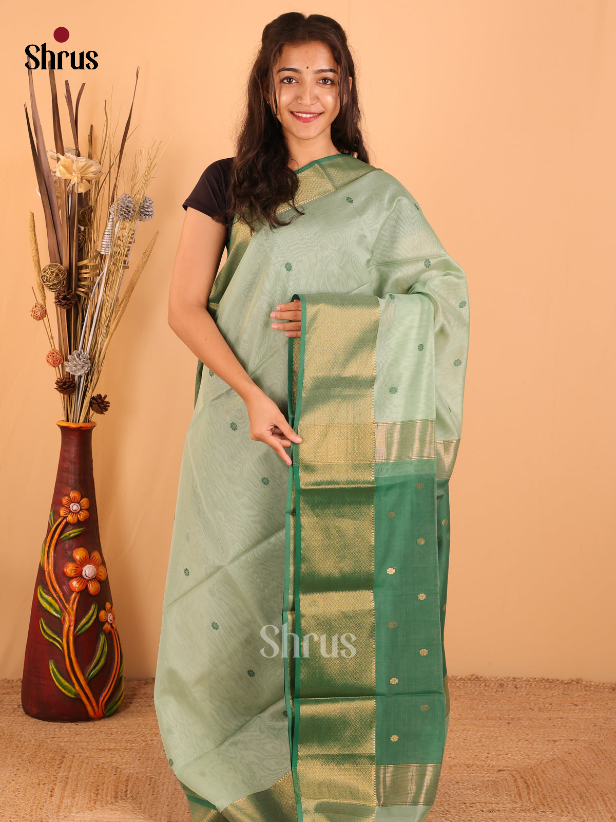 Pastel Green & Dark Green - Maheswari silk cotton Saree - DCS27126 - Shop on Shrus.com