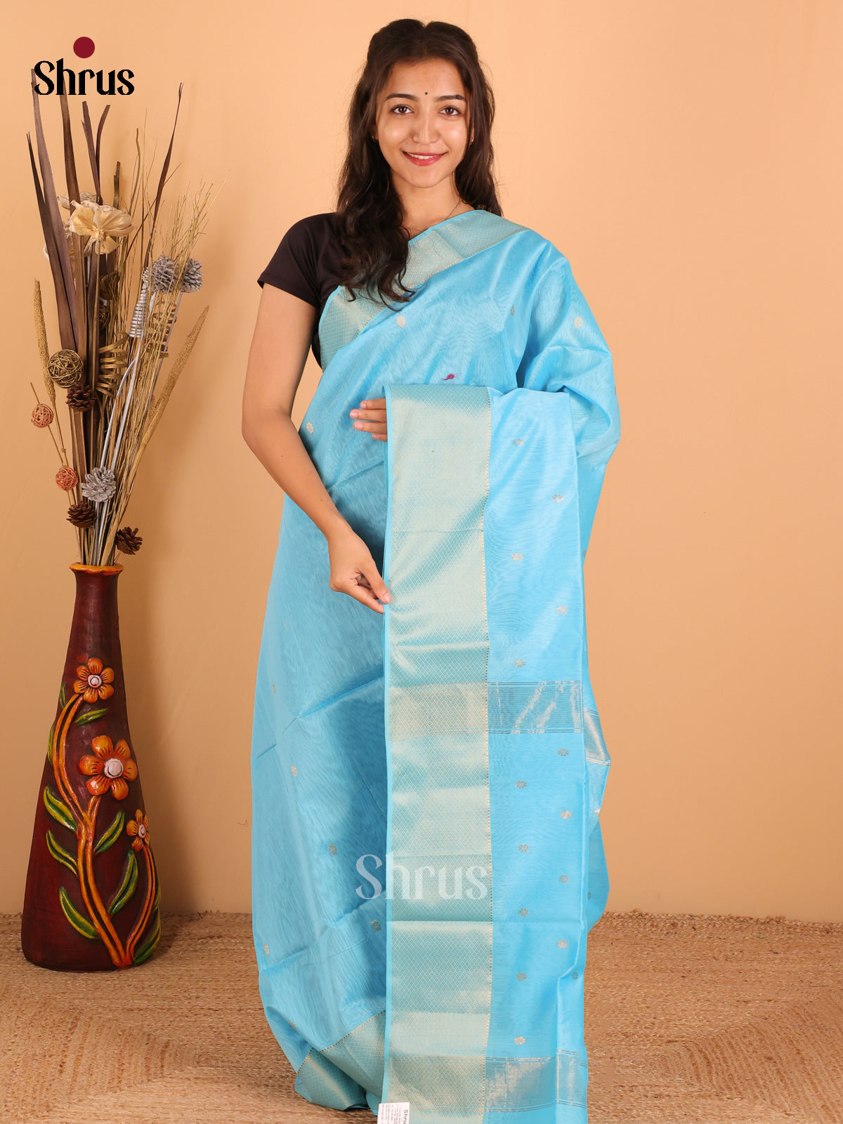 Sky Blue - Maheswari silk cotton Saree - DCS27132 - Shop on Shrus.com