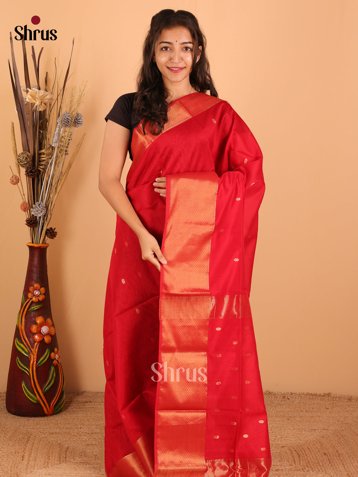 Red - Maheswari silk cotton Saree - DCS27137 - Shop on Shrus.com