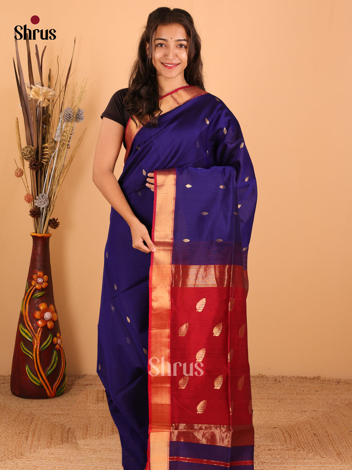 Royal Blue & Maroon - Maheswari silk cotton Saree - DCS27145 - Shop on Shrus.com