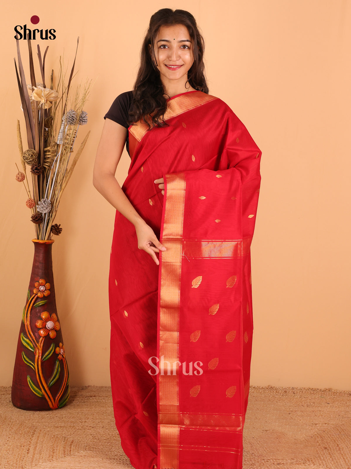 Red - Maheswari silk cotton Saree - DCS27147 - Shop on Shrus.com