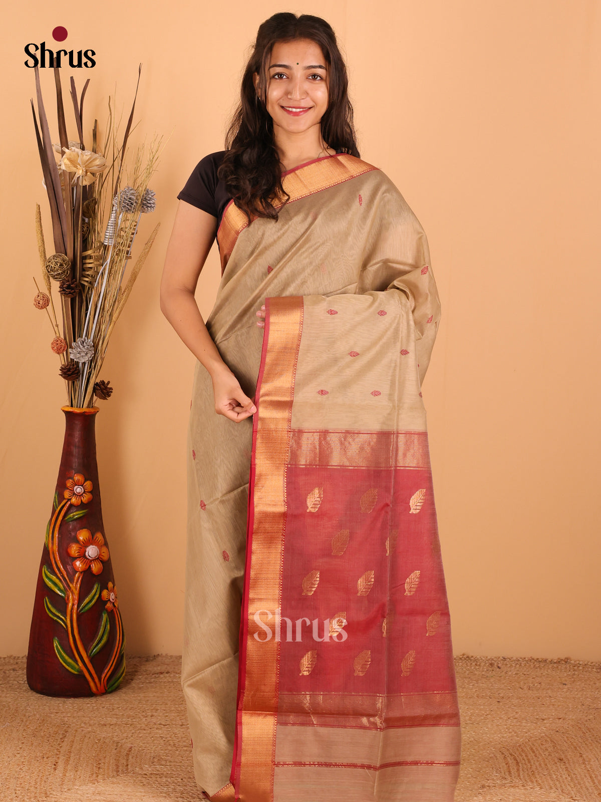 Maroon & Light Brown - Maheswari silk cotton Saree - DCS27148 - Shop on Shrus.com