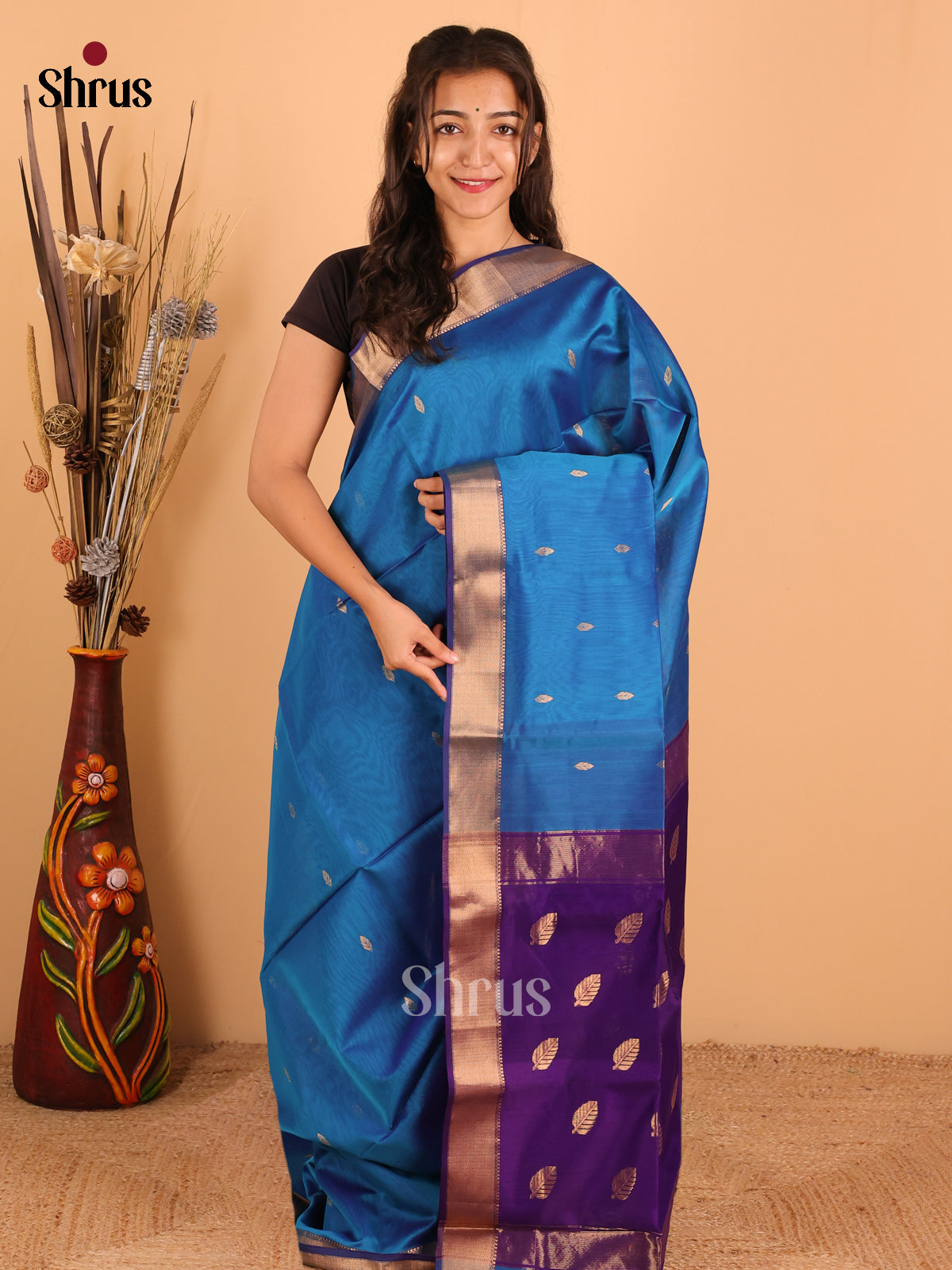 Peacock blue & Violet - Maheswari silk cotton Saree - DCS27150 - Shop on Shrus.com