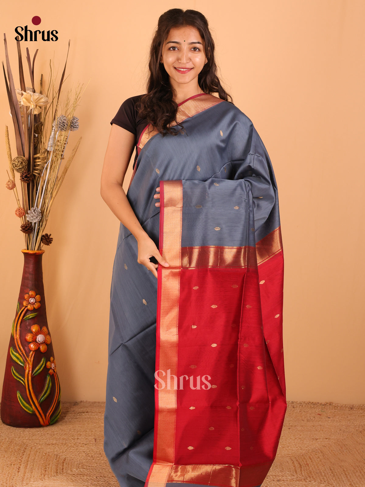 Grey & Red - Maheswari silk cotton Saree - DCS27153 - Shop on Shrus.com