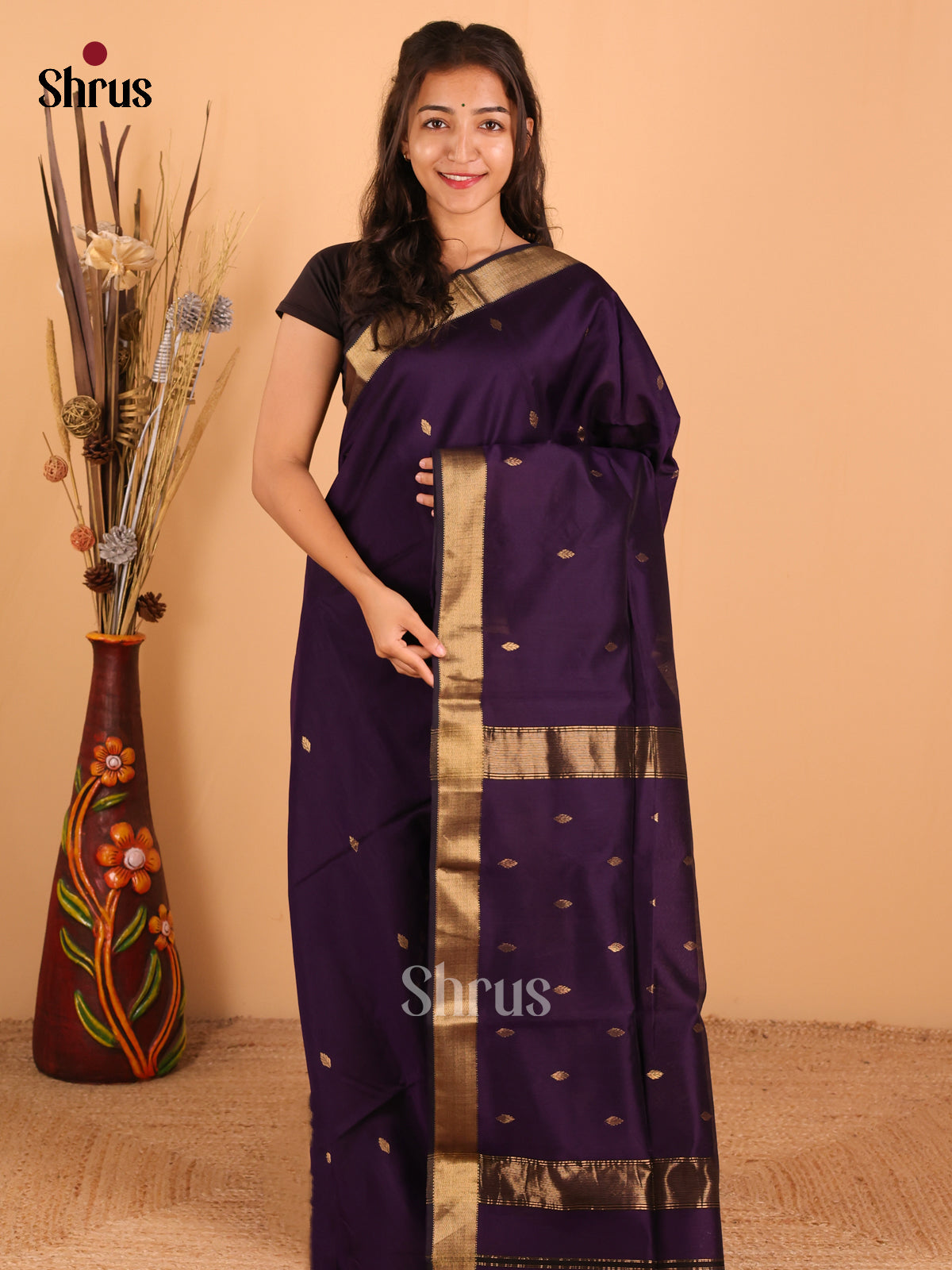 Dark Purple - Maheswari silk cotton Saree - DCS27156 - Shop on Shrus.com