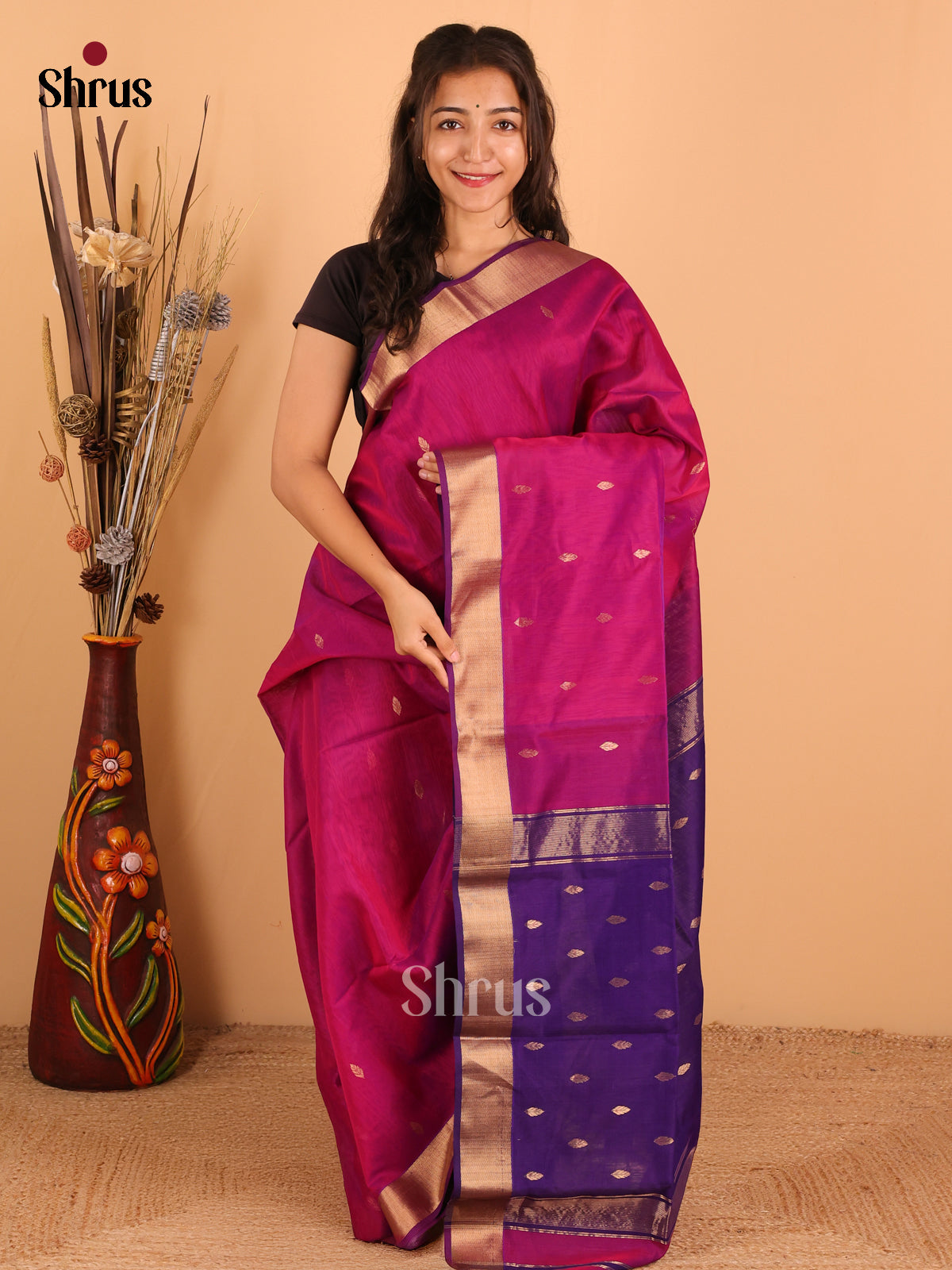 Magenta & royal blue - Maheswari silk cotton Saree - DCS27158 - Shop on Shrus.com