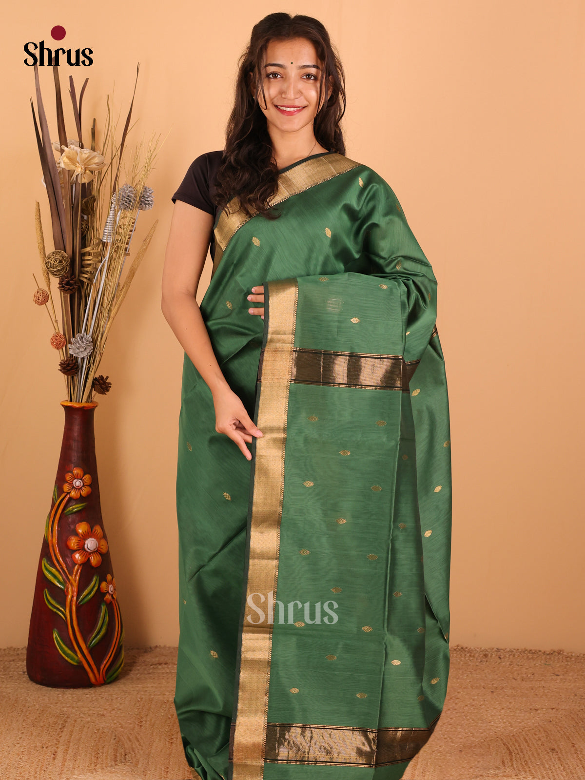 Dark Green - Maheswari silk cotton Saree - DCS27161 - Shop on Shrus.com