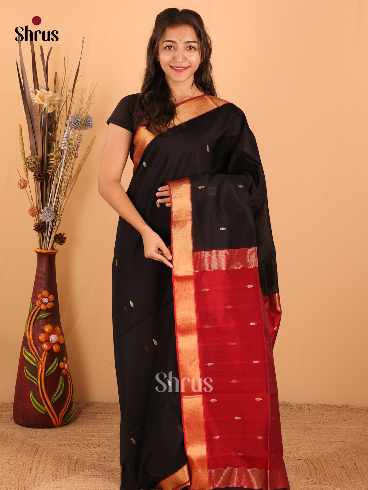 Black & Red - Maheswari silk cotton Saree - DCS27163 - Shop on Shrus.com