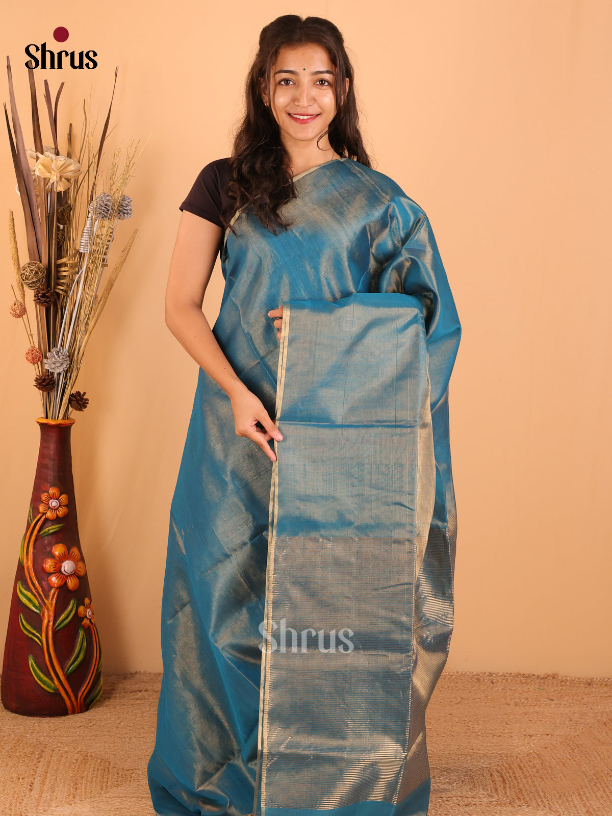 Rama blue - Maheswari silk cotton Saree - DCS27171 - Shop on Shrus.com