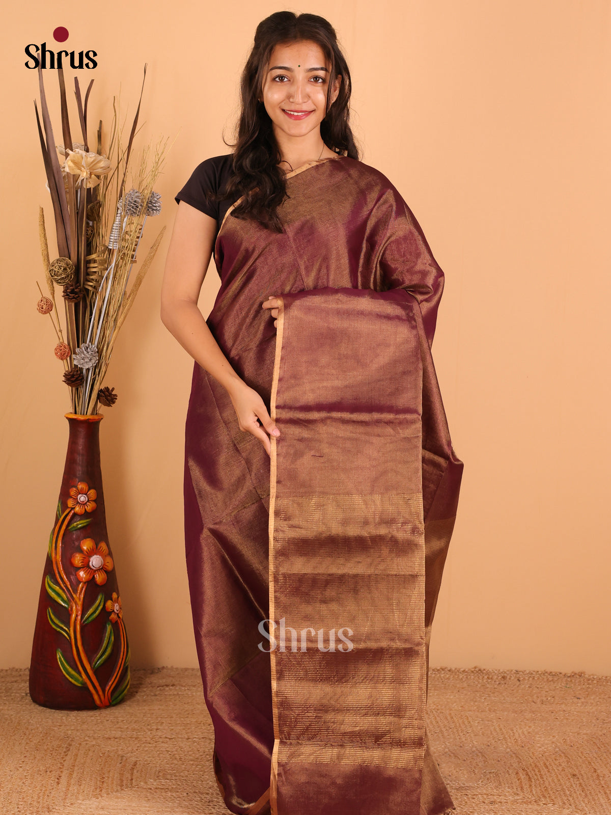 Wine - Maheswari silk cotton Saree - DCS27173 - Shop on Shrus.com