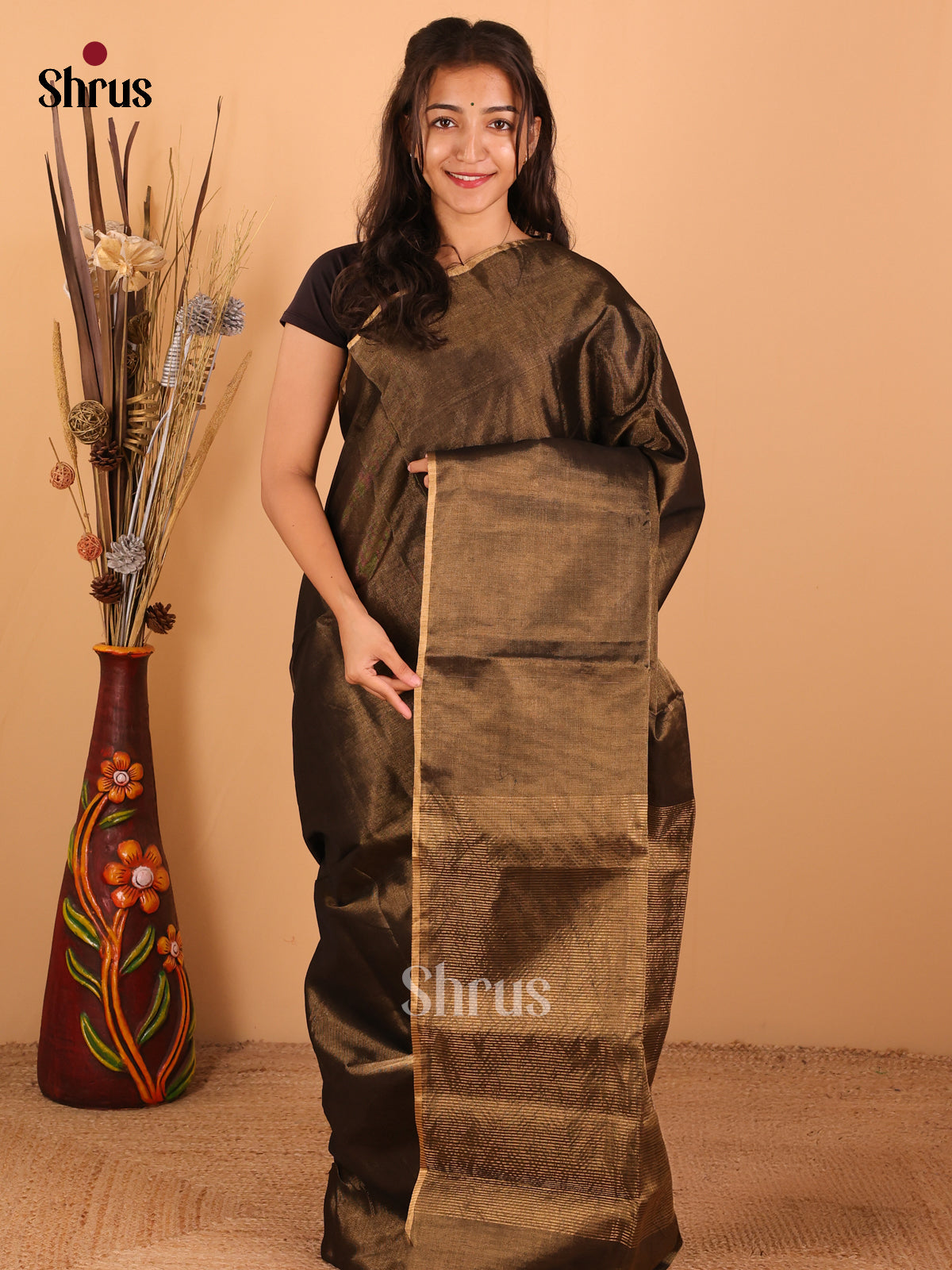 Double shade Black & gold - Maheswari silk cotton Saree - DCS27180 - Shop on Shrus.com