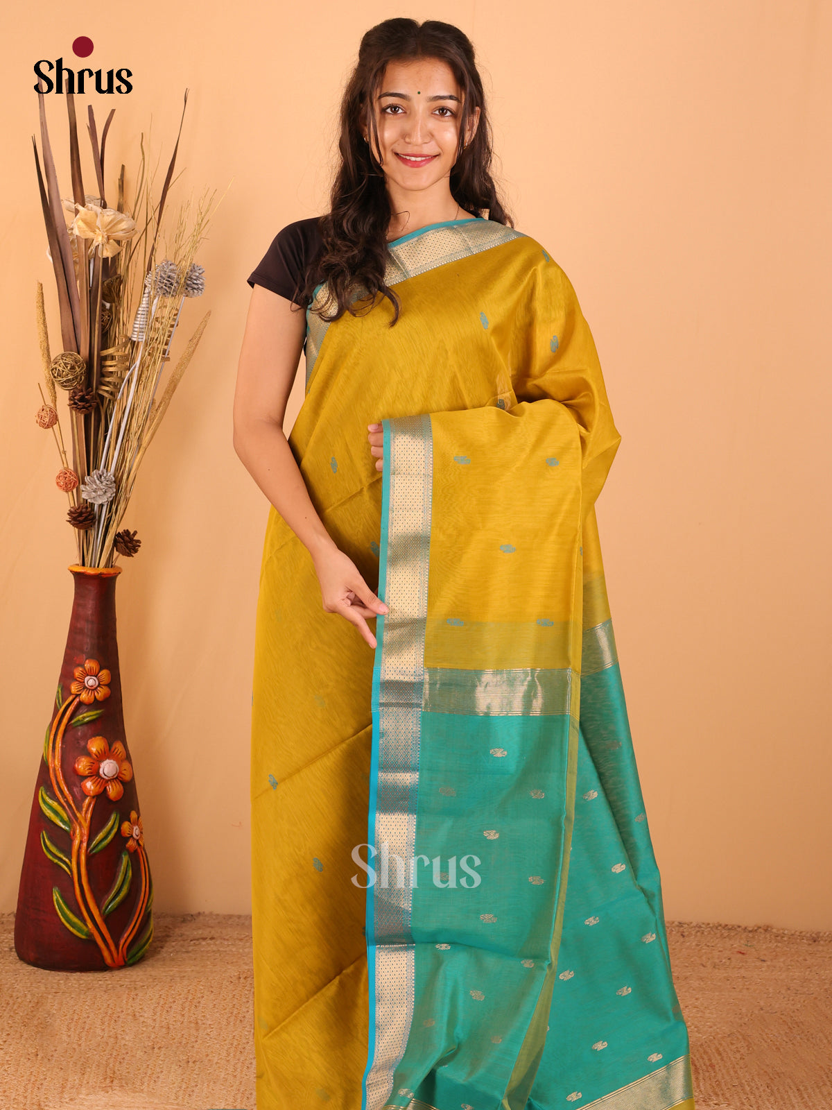 Lime Yellow & rama Blue - Maheswari silk cotton Saree - DCS27182 - Shop on Shrus.com