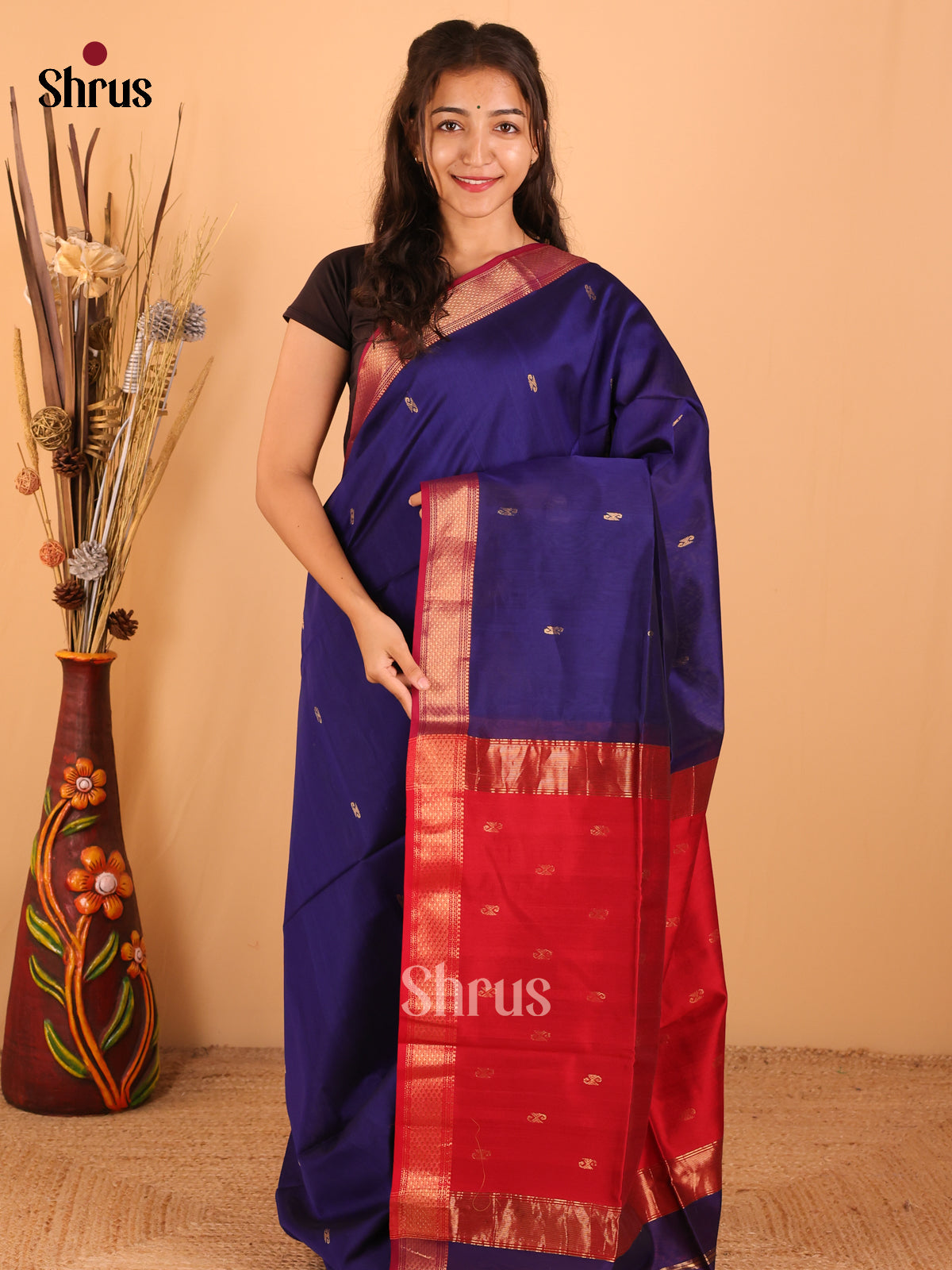 Royal Blue & Maroon - Maheswari silk cotton Saree - DCS27188 - Shop on Shrus.com