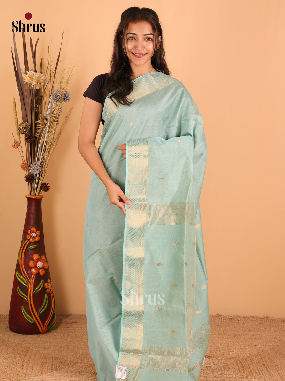 Pastel Blue - Maheswari silk cotton Saree - DCS27193 - Shop on Shrus.com