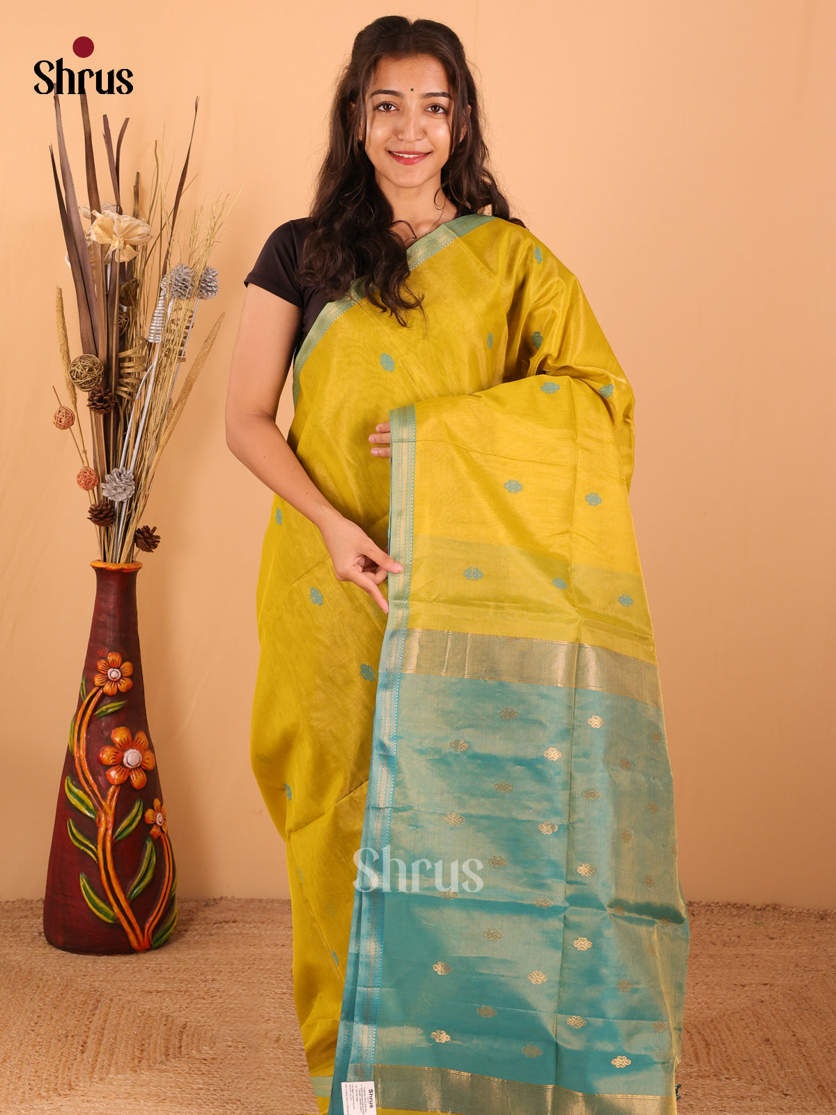 Lime yellow & Rama Green - Maheswari silk cotton Saree - DCS27206 - Shop on Shrus.com
