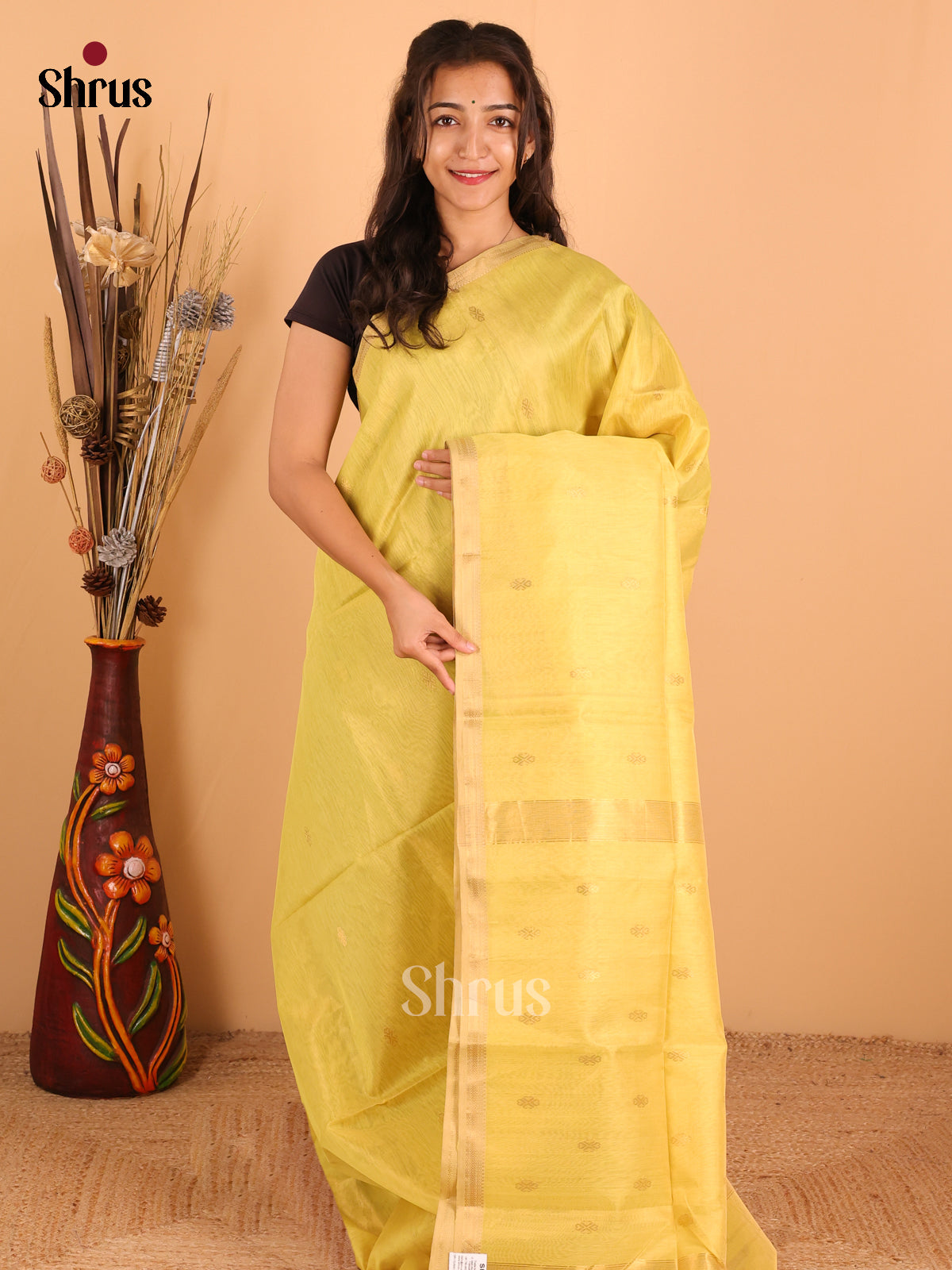 Lime Yellow - Maheswari silk cotton Saree - DCS27208 - Shop on Shrus.com