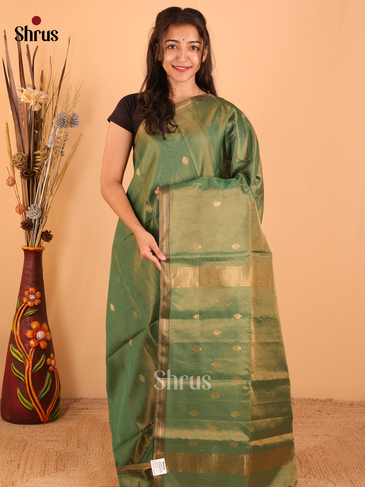 Olive Green - Maheswari silk cotton Saree - DCS27213 - Shop on Shrus.com