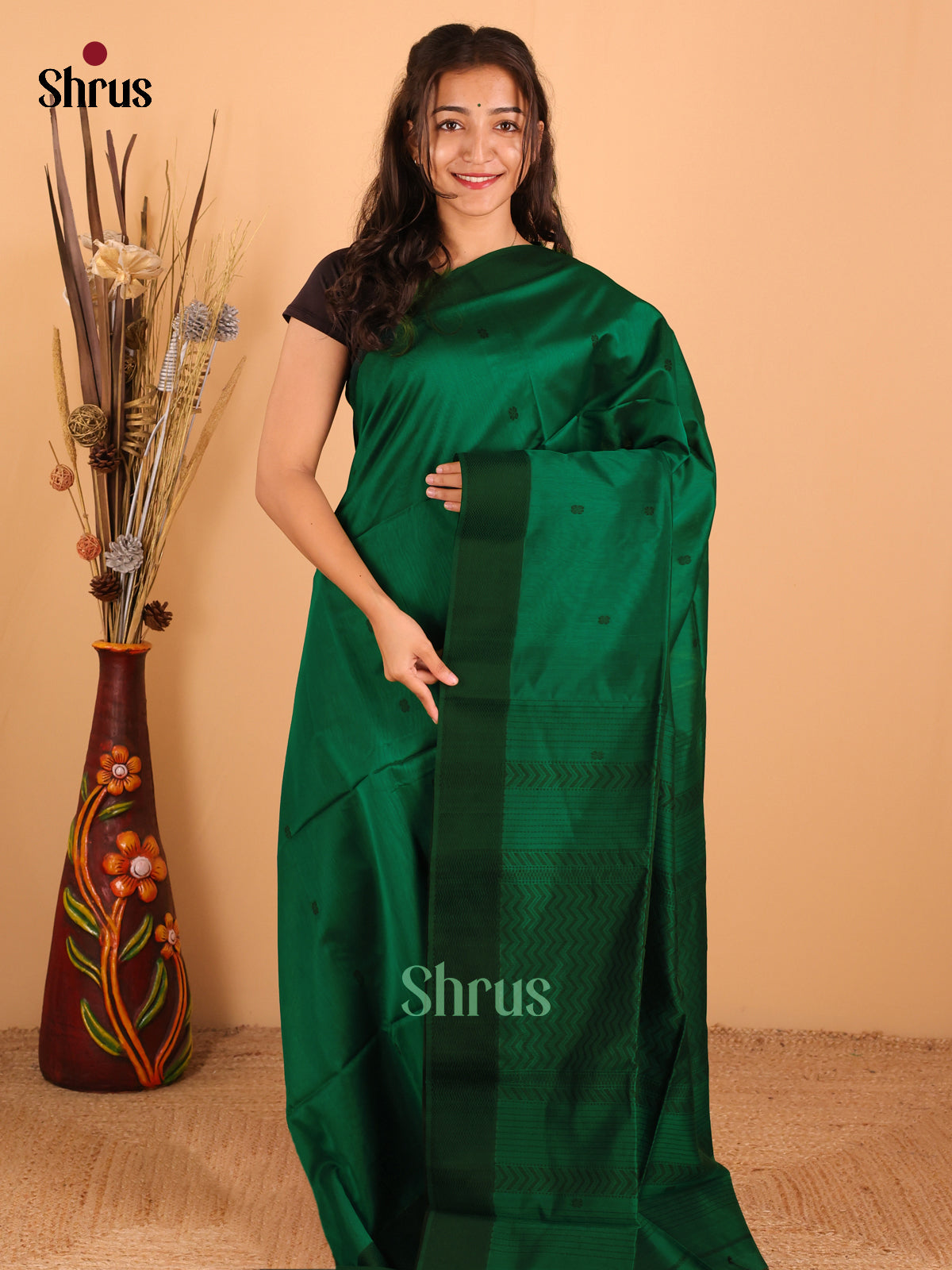 Dark Green & Black - Maheswari silk cotton Saree - DCS27216 - Shop on Shrus.com