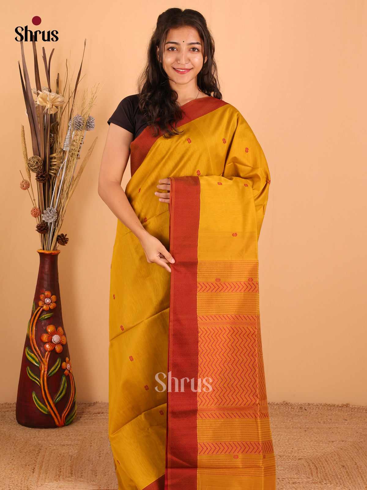 Mustard & Maroon - Maheswari silk cotton Saree - DCS27220 - Shop on Shrus.com