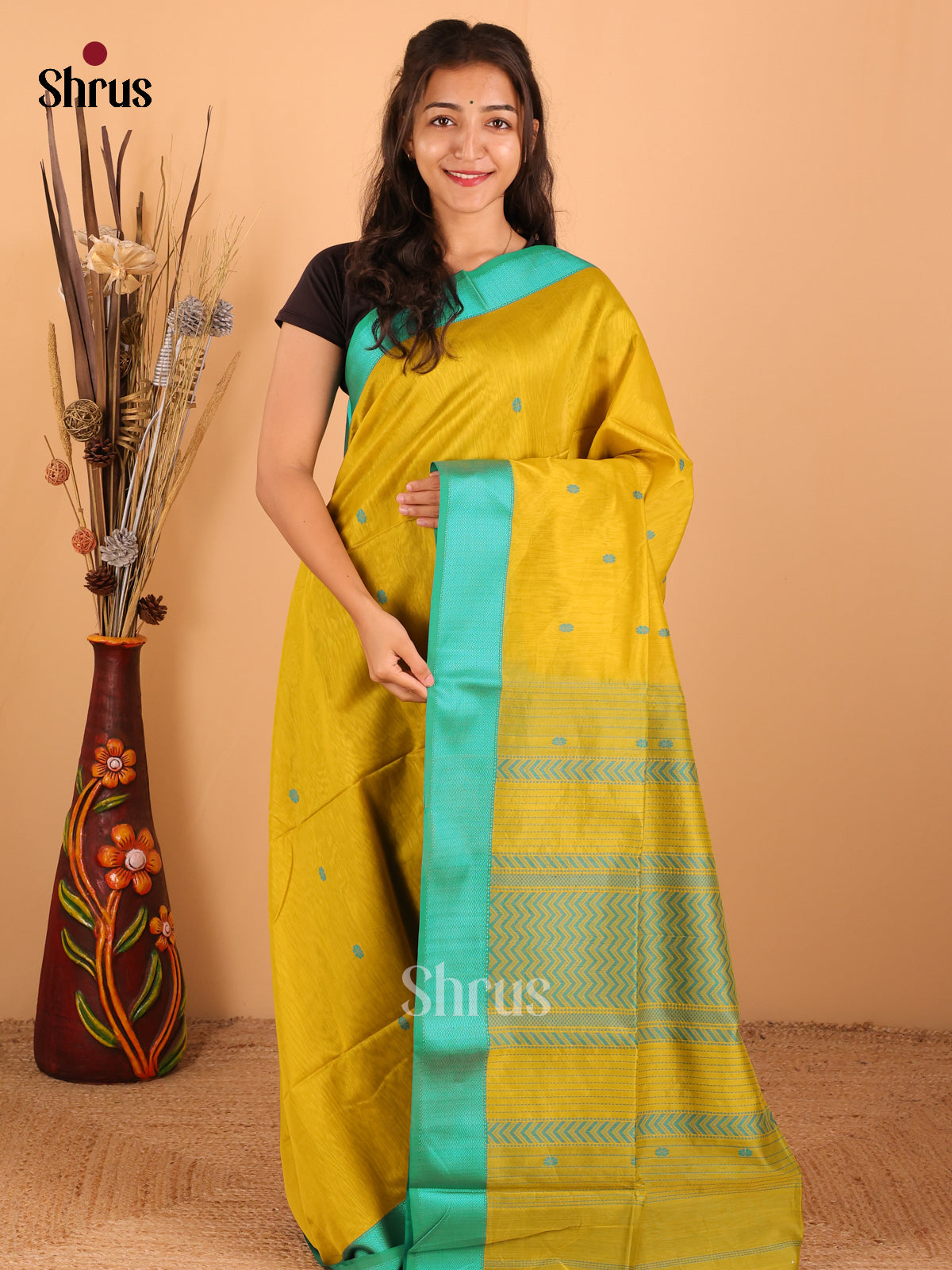 Lime Yellow & Rama blue - Maheswari silk cotton Saree - DCS27222 - Shop on Shrus.com