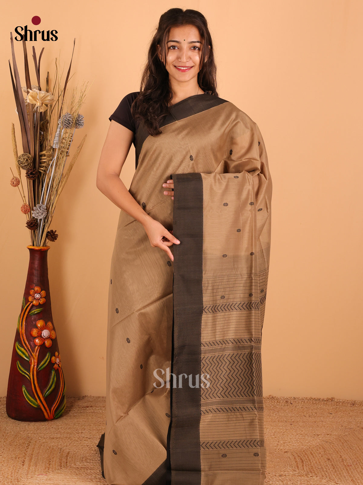 Light Beige & black - Maheswari silk cotton Saree - DCS27223 - Shop on Shrus.com