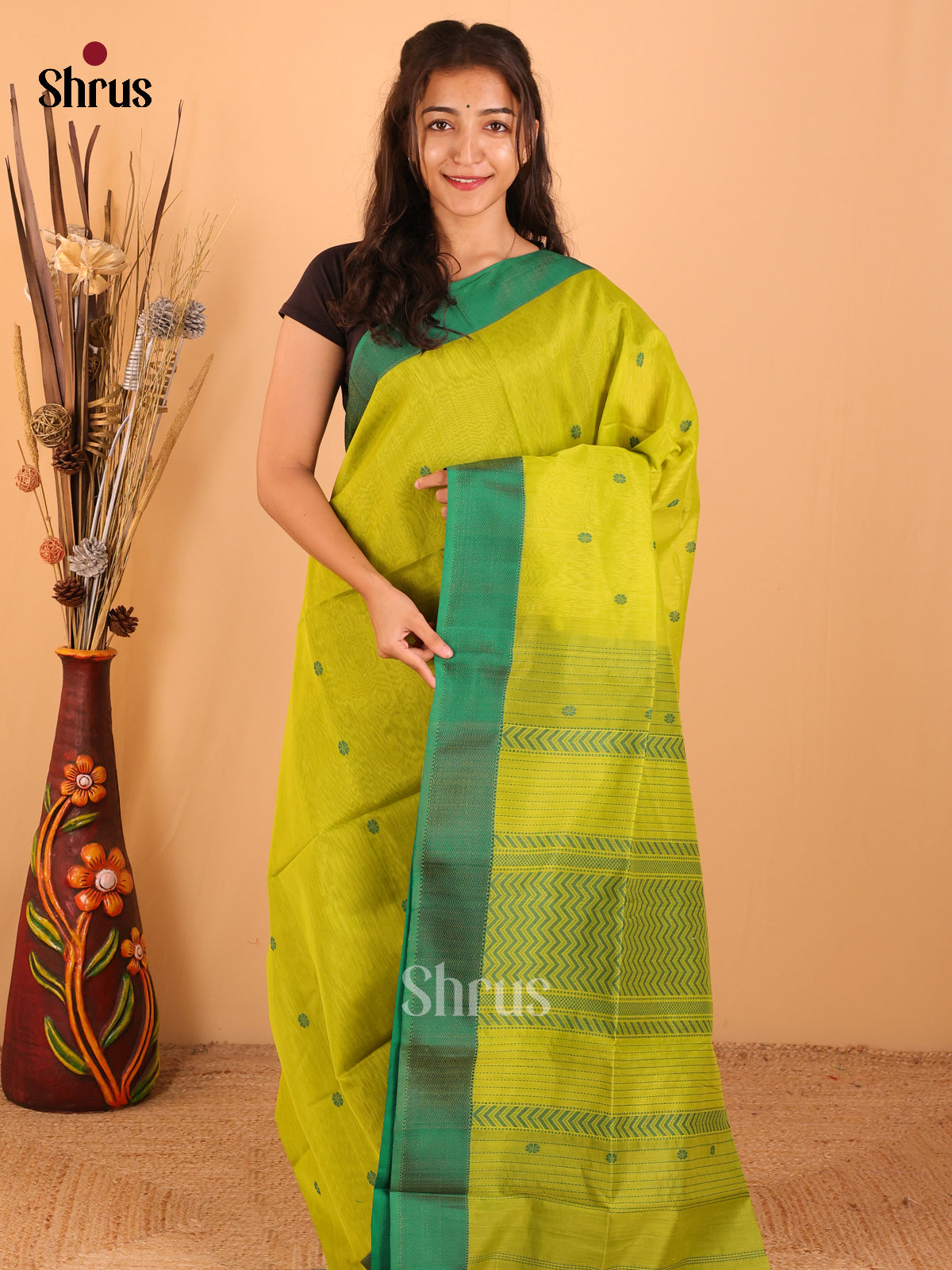 Parrot Green & Dark Green - Maheswari silk cotton Saree - DCS27224 - Shop on Shrus.com