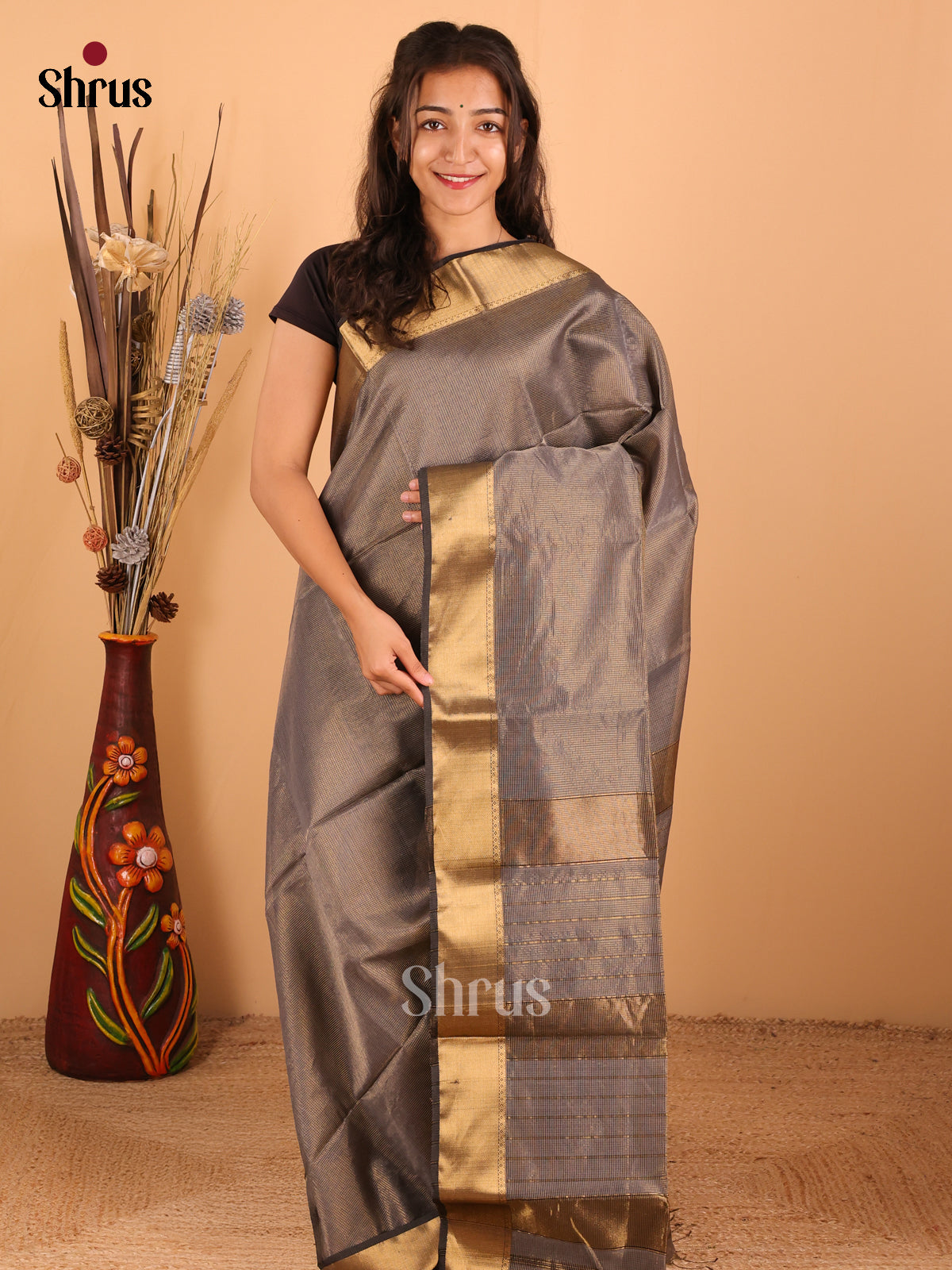 Grey - Maheswari silk cotton Saree - DCS27226 - Shop on Shrus.com