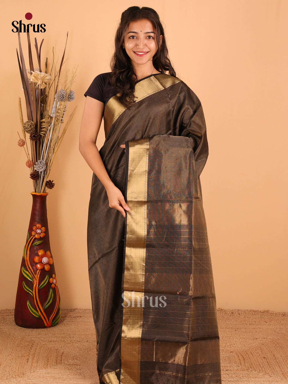 Dark brown - Maheswari silk cotton Saree - DCS27227 - Shop on Shrus.com