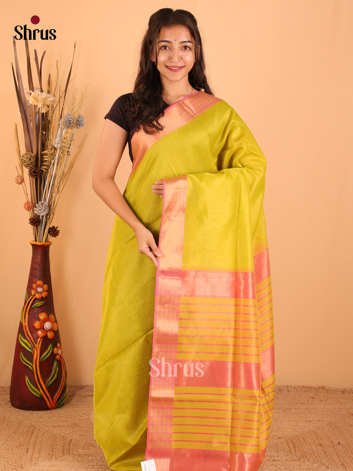 leaf Green & Pink - Maheswari silk cotton Saree - DCS27228 - Shop on Shrus.com