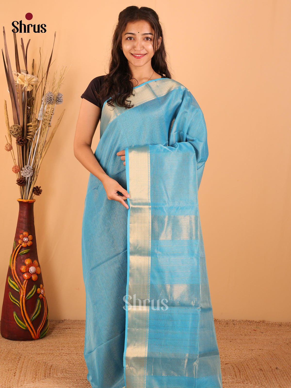 Sky Blue - Maheswari silk cotton Saree - DCS27230 - Shop on Shrus.com