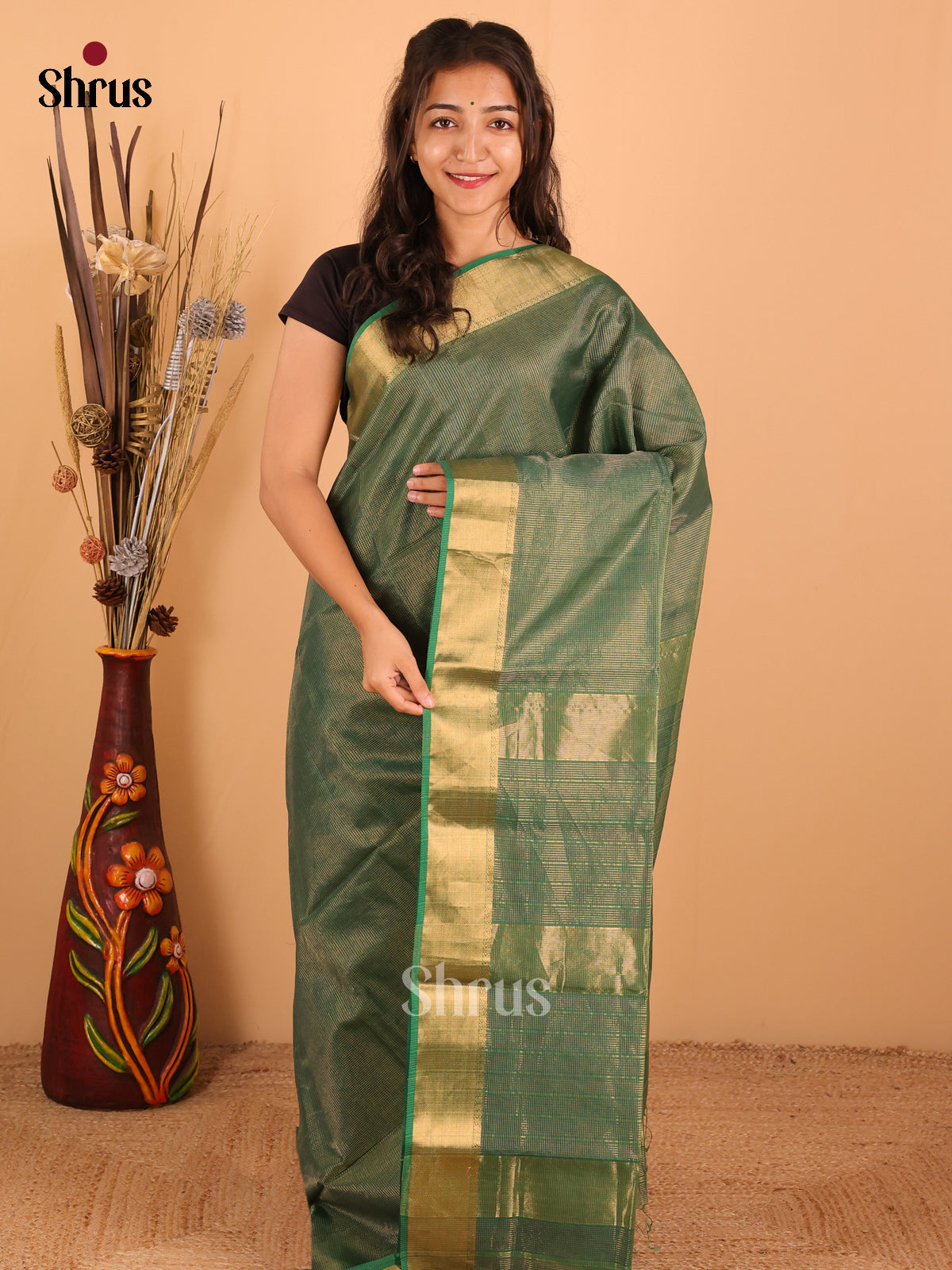 Green - Maheswari silk cotton Saree - DCS27231 - Shop on Shrus.com