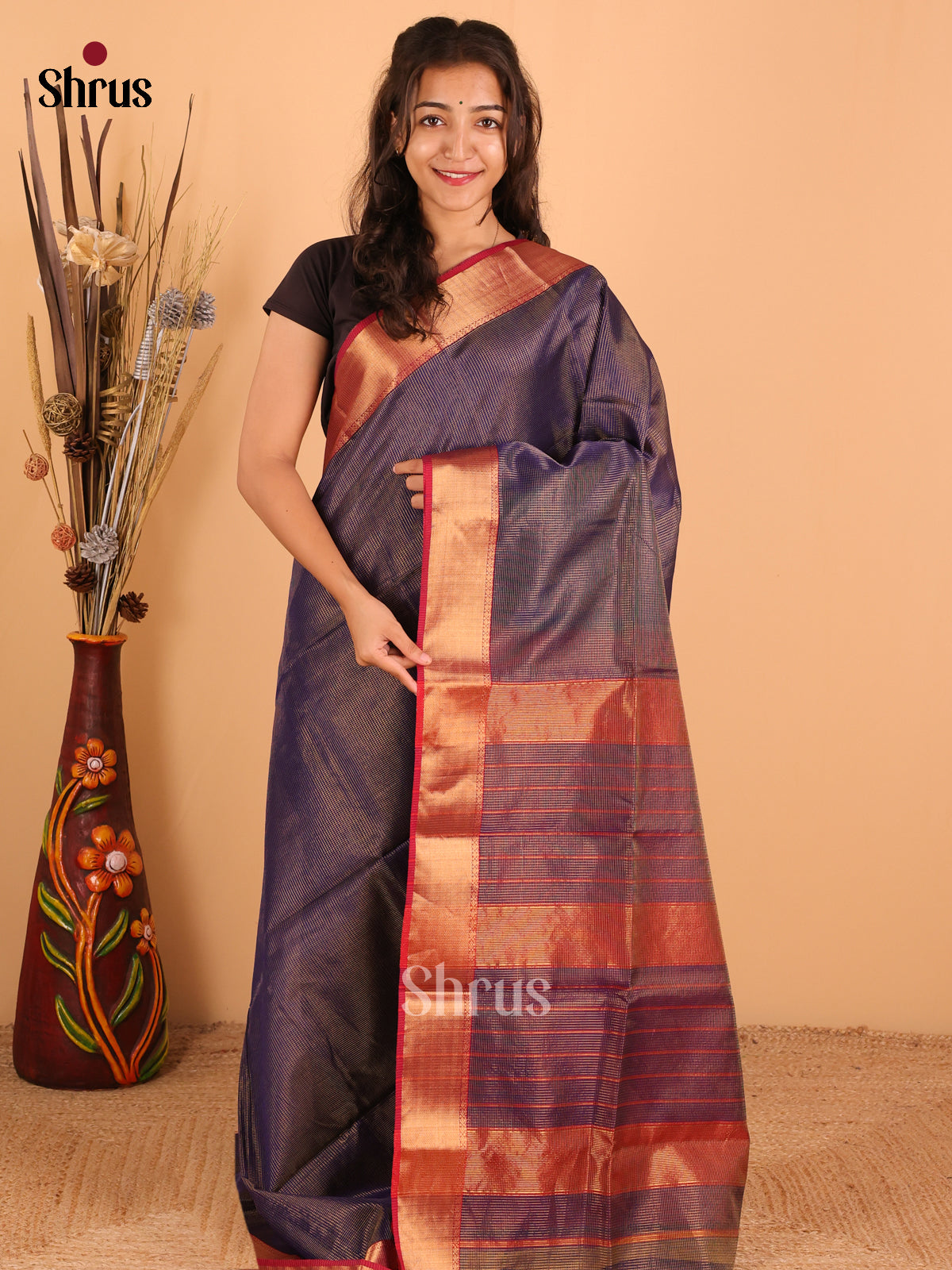 Violet & Maroon - Maheswari silk cotton Saree - DCS27232 - Shop on Shrus.com