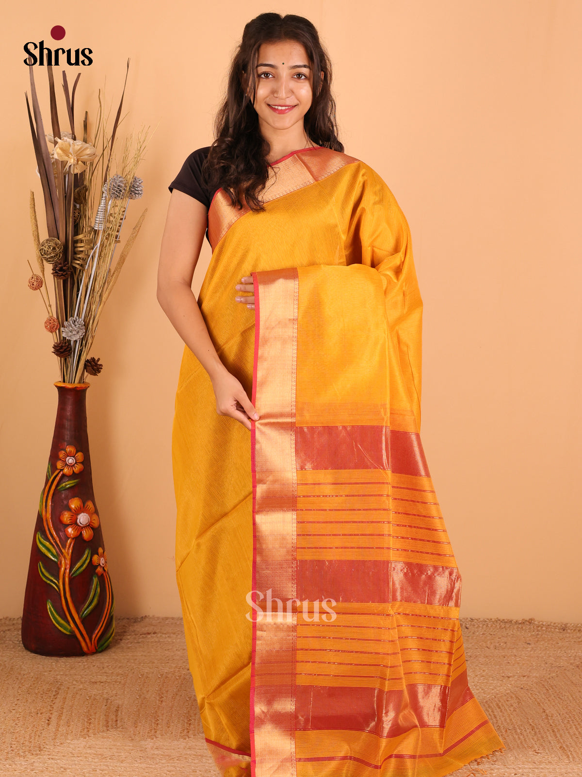 Mango Yellow witj Pink - Maheswari silk cotton Saree - DCS27234 - Shop on Shrus.com
